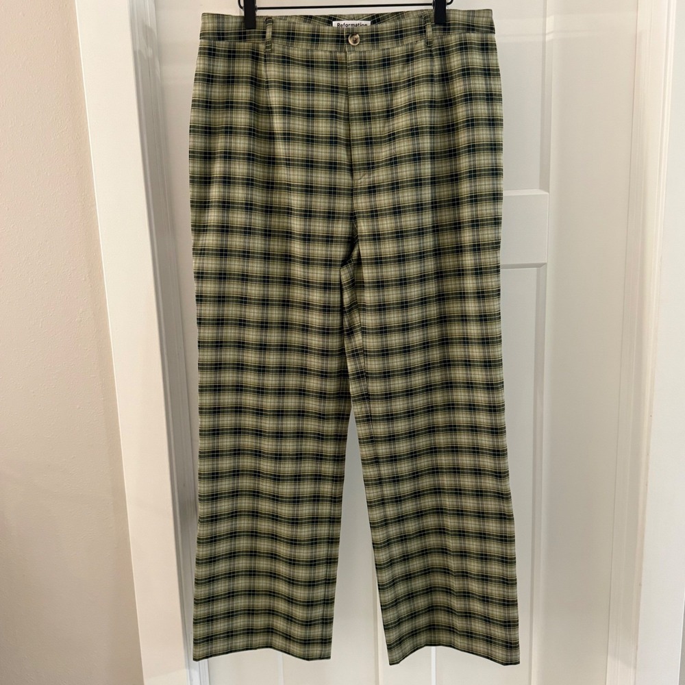 Reformation Franklin Green Plaid High Rise Straight Leg Trouser Pants 12 Carer